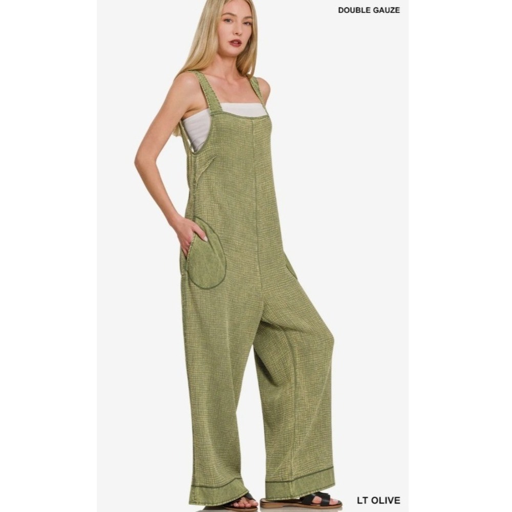 Zenana Double Gauze Washed Wide Leg Overalls Lt Olive Green Jumpsuit Small - Picture 1 of 12